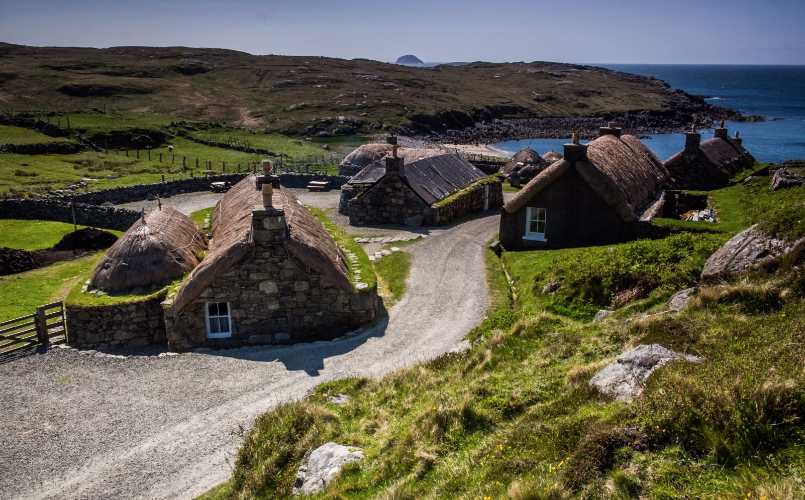 Thatched blackhouses at Gearrannan by the sea