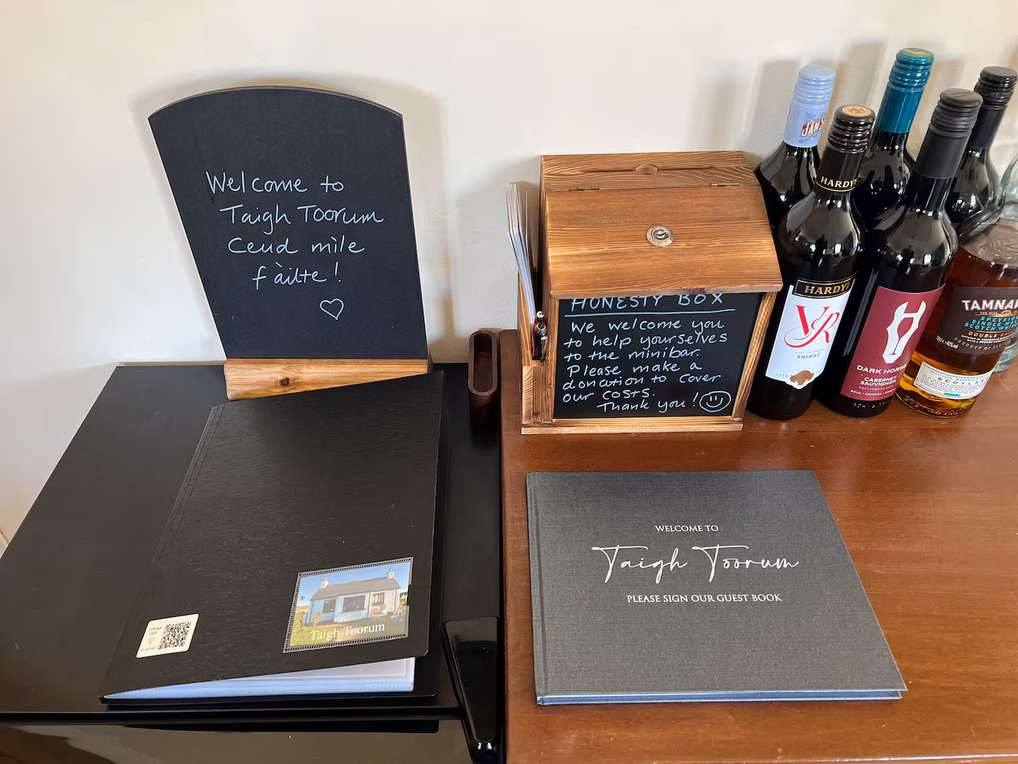 Honesty bar with a variety of drinks